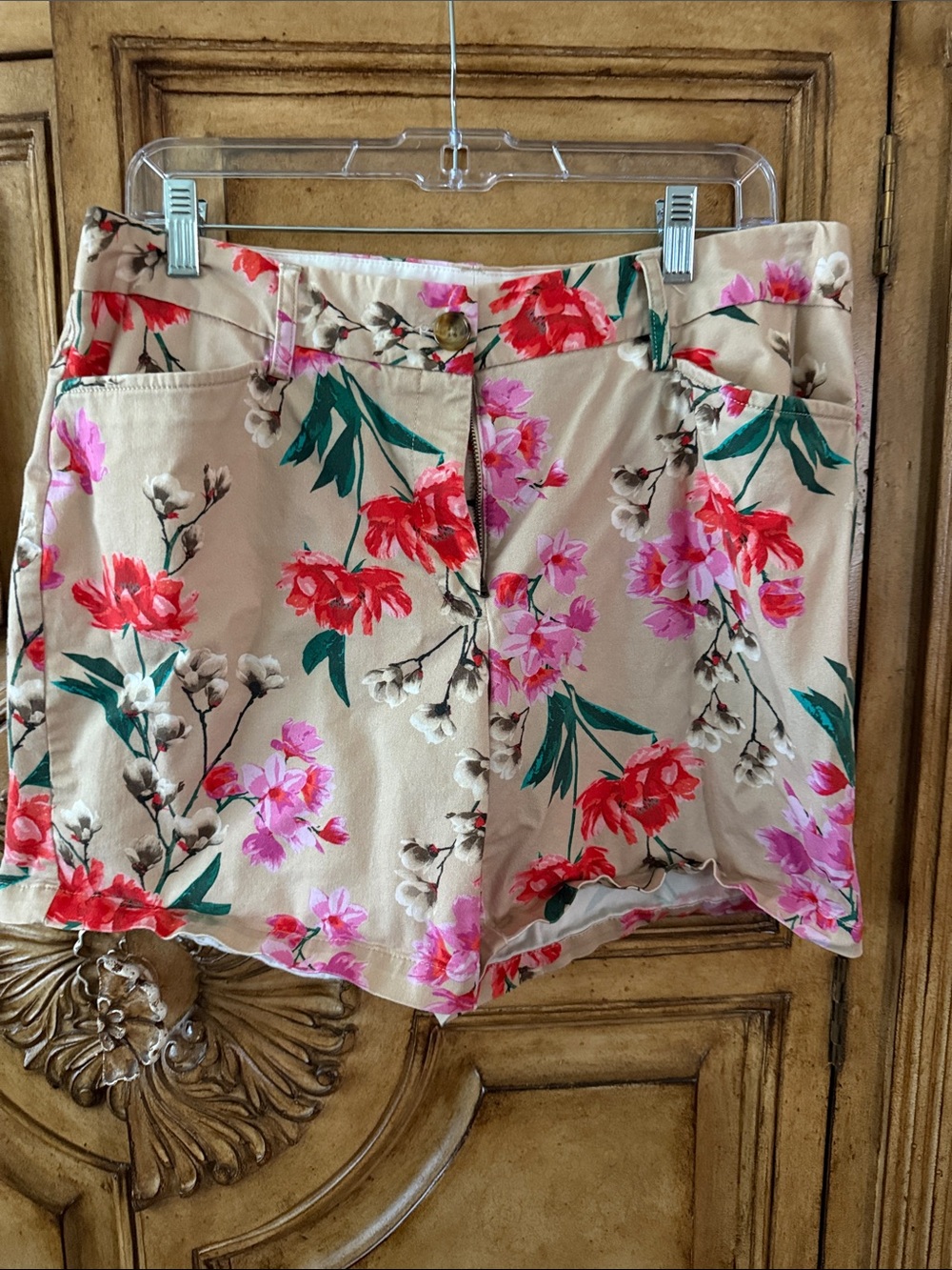 Lands' End Beige High-Waist Floral Shorts - Pink & Red Flowers